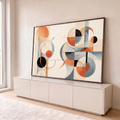Quadro Decorativo Grande Formas Geométrico para Sala | quadros decorativos para sala | composição abstrata com círculos e curvas em laranja preto e azul acinzentado | em Quadros para Sala | Porao dos Quadros