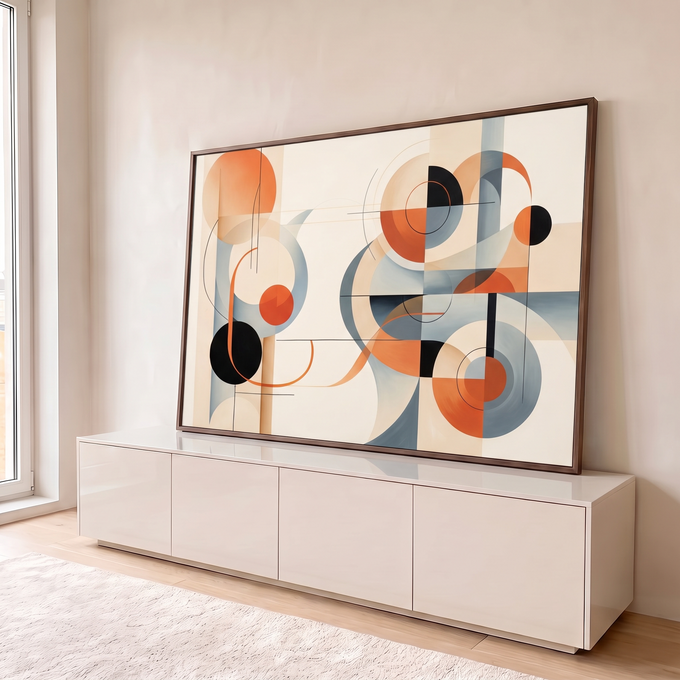 Quadro Decorativo Grande Formas Geométrico para Sala | quadros decorativos para sala | composição abstrata com círculos e curvas em laranja preto e azul acinzentado | em Quadros para Sala | Porao dos Quadros