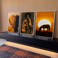 Quadro Decorativo Kit 3 Telas Africano Elefante para Sala | quadros decorativos para sala | elefante, mulher com afro sobre tambores e zebra ao pôr do sol em tons alaranjados | em Quadros para Sala | Porao dos Quadros