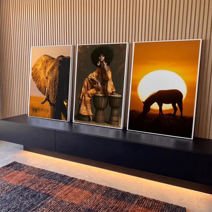 Quadro Decorativo Kit 3 Telas Africano Elefante para Sala | quadros decorativos para sala | elefante, mulher com afro sobre tambores e zebra ao pôr do sol em tons alaranjados | em Quadros para Sala | Porao dos Quadros