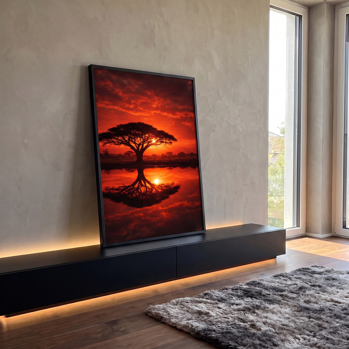 Quadro Decorativo Grande Árvore Acácia para Sala Vermelho | quadros decorativos para sala | acácia em silhueta refletida na água sob céu vermelho de pôr do sol africano | em Quadros para Sala | Porao dos Quadros