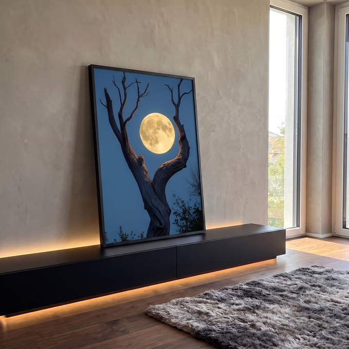 Lua cheia dourada entre os galhos de um tronco retorcido em forquilha no céu azul noturno, quadro decorativo