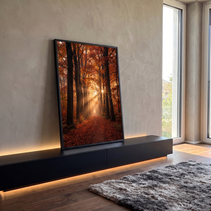 Quadro Decorativo Grande Paisagem Floresta para Sala Laranja | quadros decorativos para sala | trilha de outono com folhas caídas e raios de sol entre árvores douradas | em Quadros para Sala | Porao dos Quadros