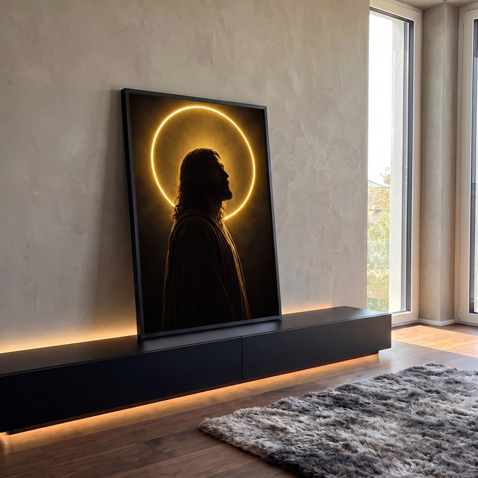 Quadro Decorativo Grande Jesus Cristo Halo para Sala Dourado | quadros decorativos para sala | silhueta de Jesus de perfil com halo circular dourado sobre fundo escuro | em Quadros para Sala | Porao dos Quadros