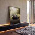 Quadro Decorativo Grande Carro Esportivo para Sala Azul | quadros decorativos para sala | carro esportivo azul visto de trás em estrada com neblina na floresta | em Quadros para Sala | Porao dos Quadros