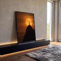 Silhueta do Cristo Redentor no Corcovado diante de um sol laranja gigante, quadro decorativo