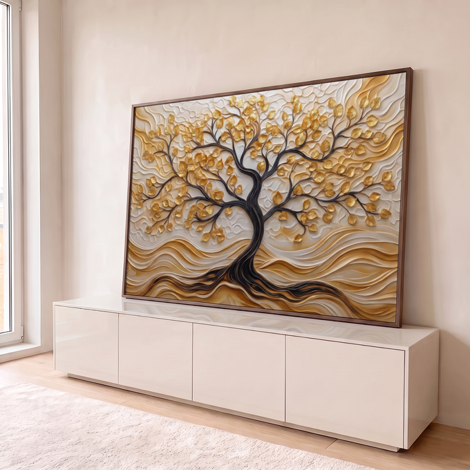 Quadro Decorativo Grande Árvore da Folhas Douradas para Sala | quadros decorativos para sala | árvore da vida com folhas douradas em relevo sobre fundo bege texturizado | em Quadros para Sala | Porao dos Quadros