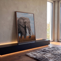 Elefante africano de presas longas em pé no capim dourado da savana sob céu nublado, quadro decorativo