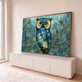 Quadro Decorativo Grande Coruja para Sala Azul | quadros decorativos para sala | coruja em mosaico de vidro azul com olhos dourados pousada em galho metálico | em Quadros para Sala | Porao dos Quadros