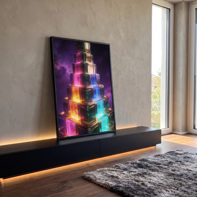 Torre escalonada de mármore verde e vidro neon colorido sobre nebulosa roxa, quadro decorativo