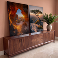 Quadro Decorativo Kit 2 Telas Arco de Pedra para Sala | quadros decorativos para sala | arco de pedra laranja com sol estrelado e árvore solitária em montanha ao pôr do sol | em Quadros para Sala | Porao dos Quadros