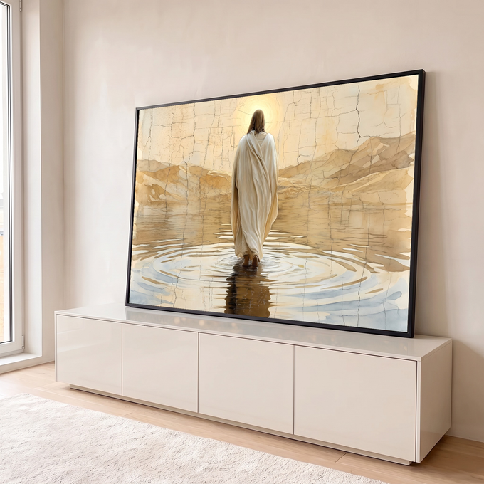 Quadro Decorativo Grande Jesus Caminhando Auréola para Sala | quadros decorativos para sala | figura de manto branco caminhando sobre água com auréola dourada e montanhas áridas ao fundo | em Quadros para Sala | Porao dos Quadros