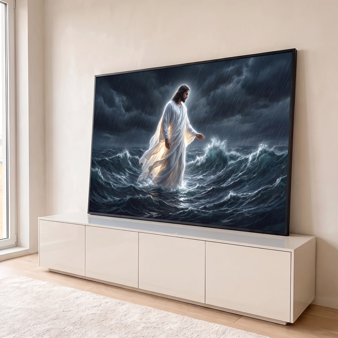 Quadro Decorativo Grande Jesus Caminhando Água para Sala | quadros decorativos para sala | Jesus de manto branco caminhando sobre mar agitado durante tempestade com chuva | em Quadros para Sala | Porao dos Quadros