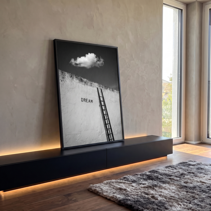 Escada encostada em muro branco com a palavra Dream e nuvem no céu escuro, preto e branco, quadro decorativo