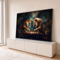 Quadro Decorativo Grande Tigre e Leão para Sala Laranja | quadros decorativos para sala | tigre e leão em pé jogando xadrez num tabuleiro iluminado sobre fundo escuro enevoado | em Quadros para Sala | Porao dos Quadros
