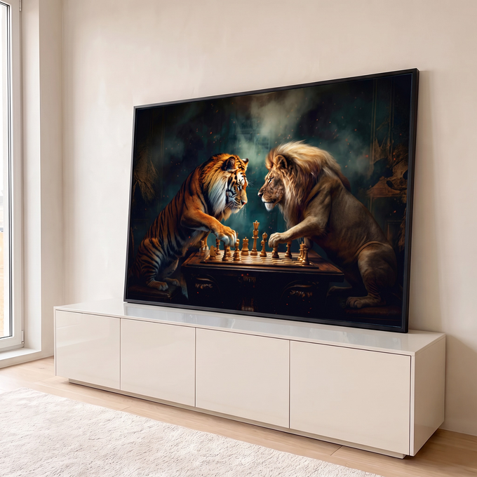 Quadro Decorativo Grande Tigre e Leão para Sala Laranja | quadros decorativos para sala | tigre e leão em pé jogando xadrez num tabuleiro iluminado sobre fundo escuro enevoado | em Quadros para Sala | Porao dos Quadros