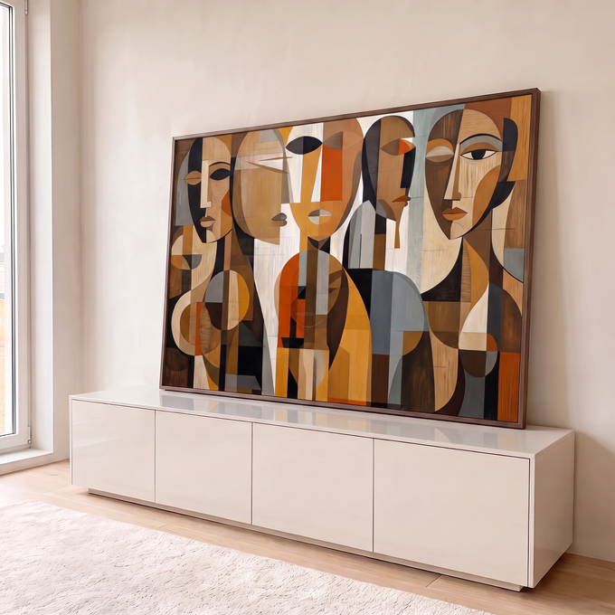 Quadro Decorativo Grande Rostos Cubistas para Sala Marrom | quadros decorativos para sala | rostos cubistas geométricos em tons terrosos com textura de madeira | em Quadros para Sala | Porao dos Quadros