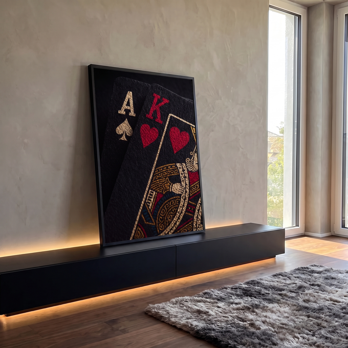 Quadro Decorativo Grande Carta Ás e Rei para Sala Preto | quadros decorativos para sala | close-up de cartas de baralho pretas com ás dourado e rei vermelho | em Quadros para Sala | Porao dos Quadros