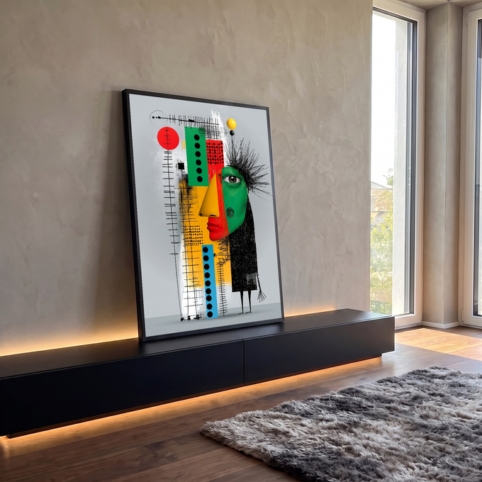 Quadro Decorativo Grande Rosto Cubista para Sala Verde | quadros decorativos para sala | rosto cubista de perfil em verde, vermelho e amarelo com formas geométricas coloridas | em Quadros para Sala | Porao dos Quadros