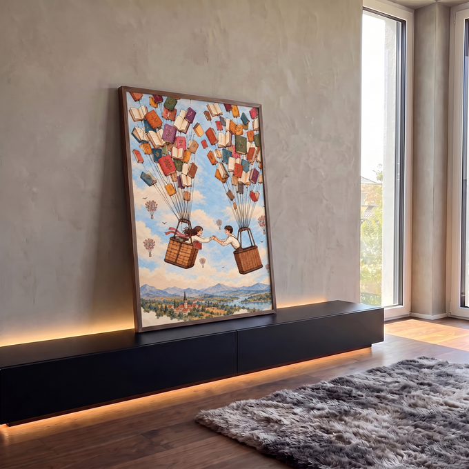 Quadro Decorativo Grande Casal e Balões de Livros para Sala | quadros decorativos para sala | casal se dando as mãos entre balões feitos de livros coloridos sobre paisagem | em Quadros para Sala | Porao dos Quadros