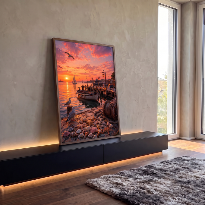 Pôr do sol laranja em marina com veleiro, barco, gaivotas, lanternas e conchas no cais, quadro decorativo