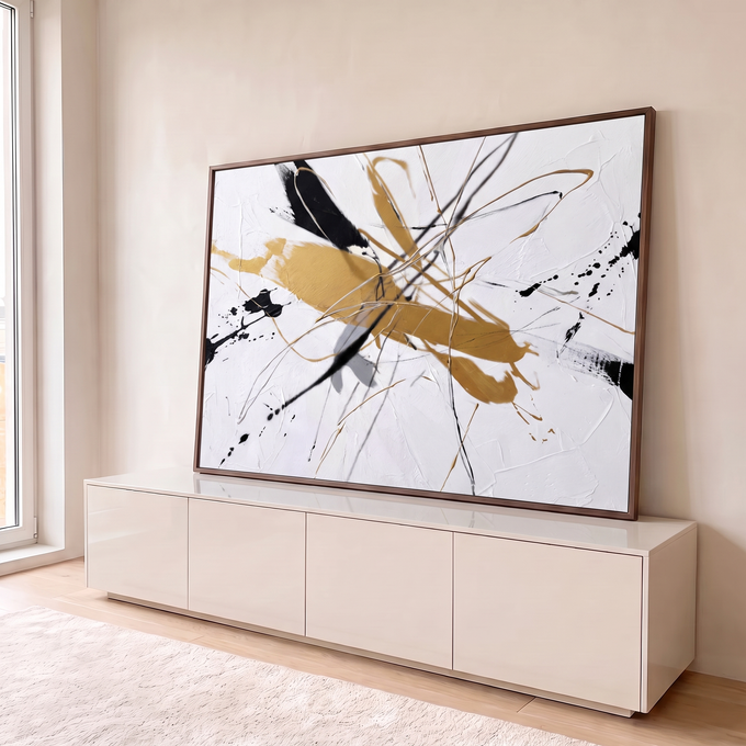 Quadro Decorativo Grande Abstrato e Preto para Sala Dourado | quadros decorativos para sala | pintura abstrata com faixa dourada, respingos pretos e linhas finas sobre fundo branco | em Quadros para Sala | Porao dos Quadros