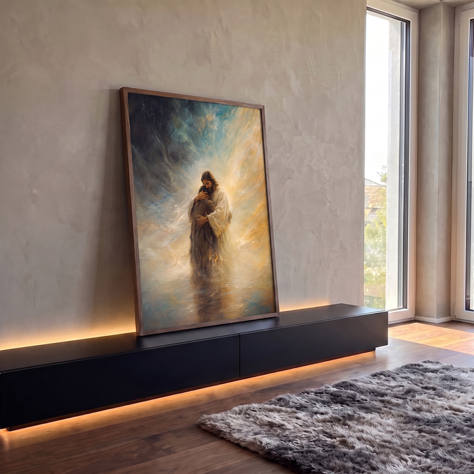 Quadro Decorativo Grande Jesus Abraçando Dourado para Sala | quadros decorativos para sala | Jesus abraçando uma pessoa em manto escuro, fundo abstrato azul e dourado | em Quadros para Sala | Porao dos Quadros
