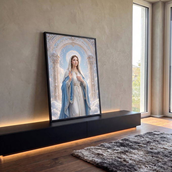 Quadro Decorativo Grande Nossa Senhora de Manto para Sala | quadros decorativos para sala | Nossa Senhora com manto azul e véu branco entre arco de pérolas e nuvens | em Quadros para Sala | Porao dos Quadros