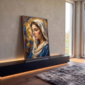 Quadro Decorativo Grande Virgem Maria de Perfil para Sala | quadros decorativos para sala | figura feminina de véu branco e manto azul com halo dourado em estilo mosaico | em Quadros para Sala | Porao dos Quadros