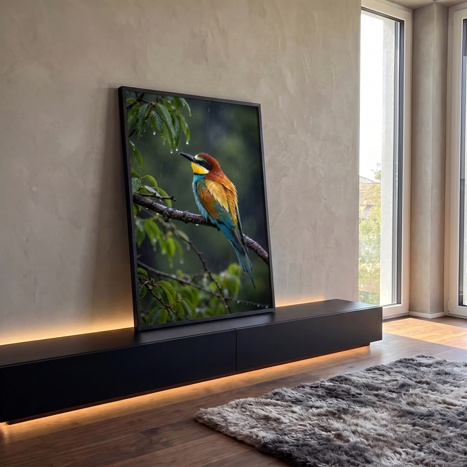 Pássaro abelharuco colorido pousado em galho sob chuva, com folhas verdes ao fundo, quadro decorativo