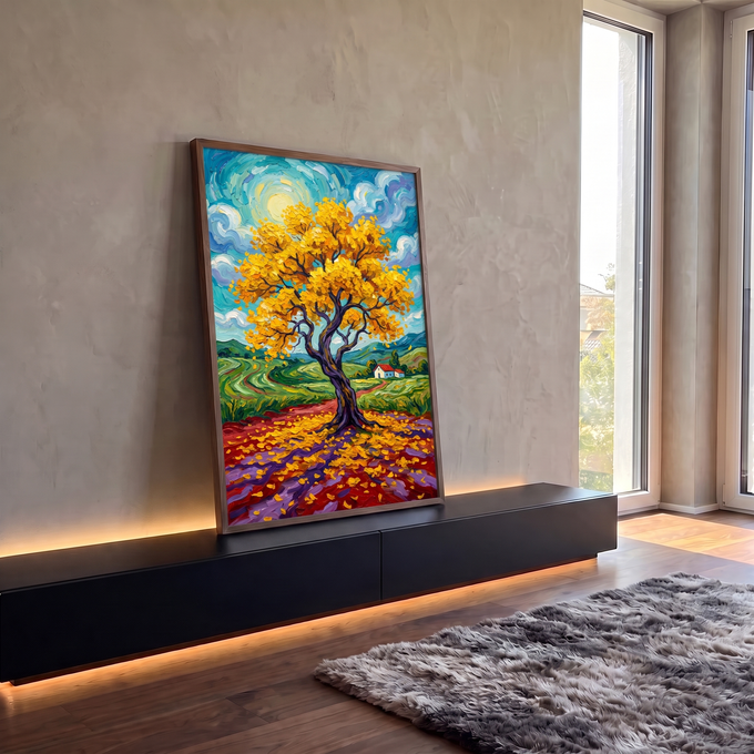 Quadro Decorativo Grande Árvore Amarela de Van para Sala | quadros decorativos para sala | árvore de folhas douradas com céu turquesa em espiral e casa ao fundo | em Quadros para Sala | Porao dos Quadros