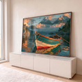 Quadro Decorativo Barco a Remo Verde com Montanhas | quadros decorativos para sala | barco de madeira verde e vermelho em água calma com montanhas ao fundo | em Quadros para Sala | Porao dos Quadros