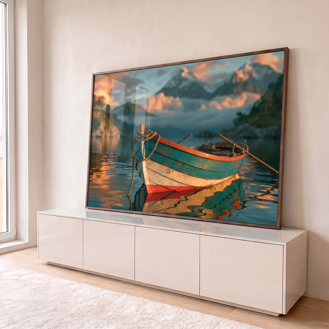 Quadro Decorativo Barco a Remo Verde com Montanhas | quadros decorativos para sala | barco de madeira verde e vermelho em água calma com montanhas ao fundo | em Quadros para Sala | Porao dos Quadros
