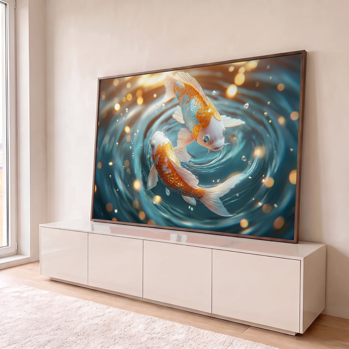Dois peixes koi laranja e brancos nadando em espiral na água azul com bolhas e luzes, quadro decorativo