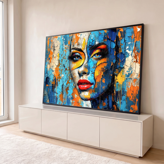 Quadro Decorativo Grande Rosto Laranja para Sala Azul | quadros decorativos para sala | rosto feminino abstrato com textura rachada em azul, laranja e amarelo | em Quadros para Sala | Porao dos Quadros