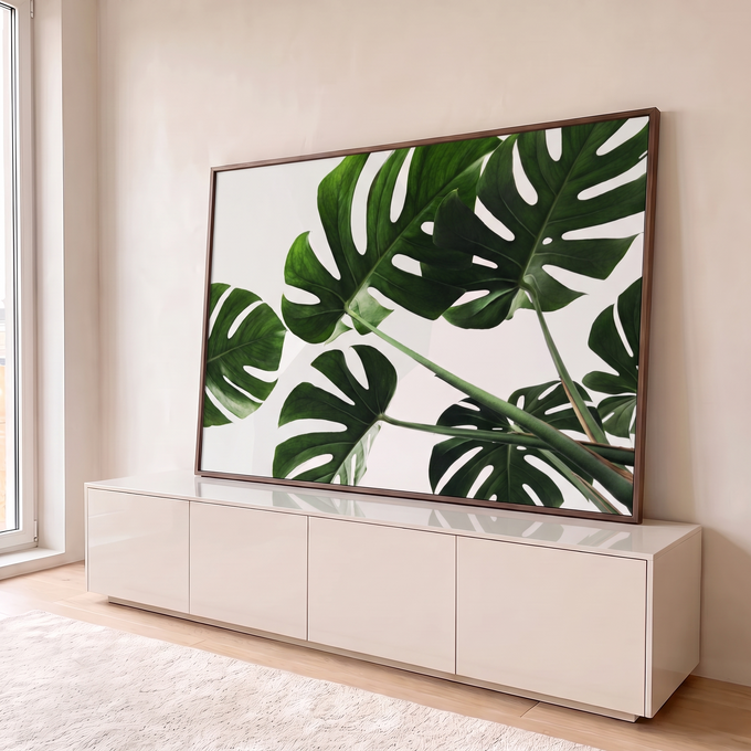 Quadro Decorativo Grande Folhas de Costela para Sala Verde | quadros decorativos para sala | folhas verdes de Monstera recortadas vistas de baixo contra fundo branco | em Quadros para Sala | Porao dos Quadros