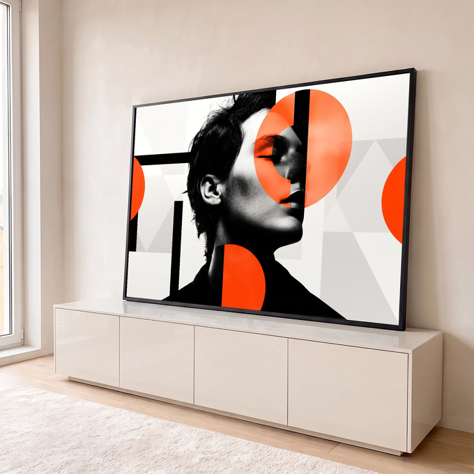 Quadro Decorativo Grande Retrato Feminino Preto para Sala | quadros decorativos para sala | retrato feminino em preto e branco com círculos laranja e formas geométricas | em Quadros para Sala | Porao dos Quadros