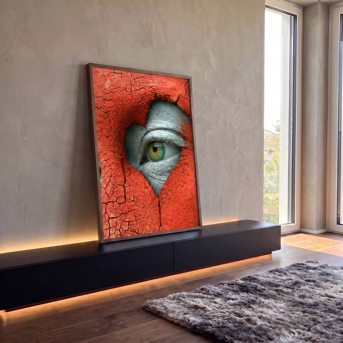 Close de olho verde espiando por abertura em tinta vermelha rachada sobre pele cinza, quadro decorativo
