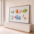 Ilustração de bichinhos fofos em tons pastel, rinoceronte, mamute, triceratops e pelicano, quadro decorativo
