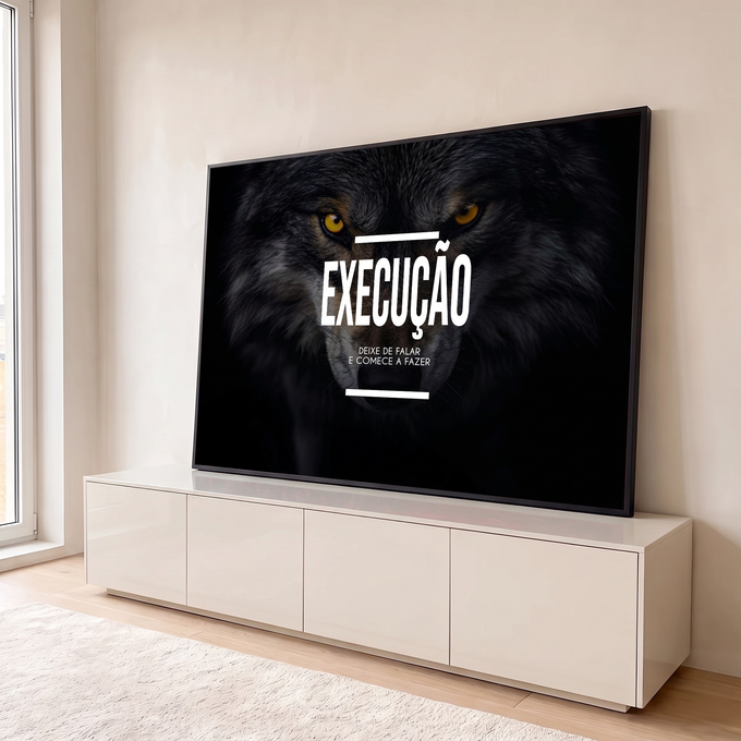 Lobo escuro de olhos amarelos e frase Execução: deixe de falar e comece a fazer, quadro decorativo