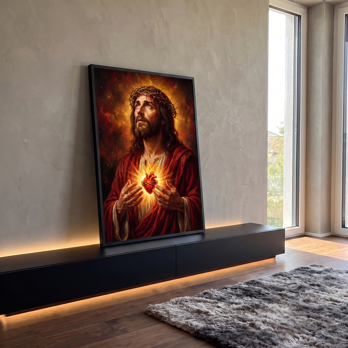 Quadro Decorativo Grande Sagrado Coração Formatos para Sala | quadros decorativos para sala | Jesus Cristo com coroa de espinhos segurando coração sagrado em chamas douradas | em Quadros para Sala | Porao dos Quadros