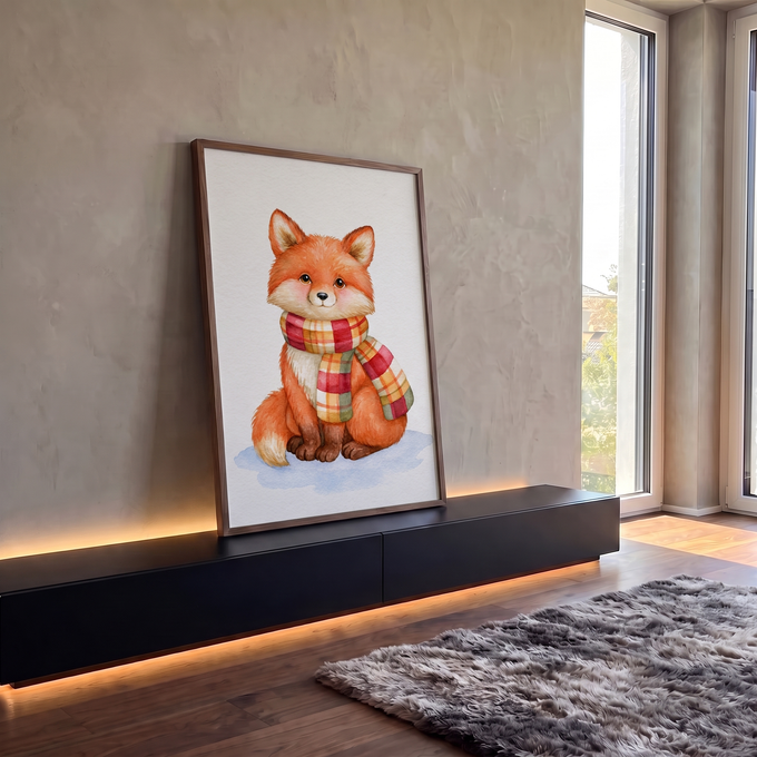 Raposinha laranja em aquarela sentada na neve usando cachecol xadrez colorido, quadro decorativo