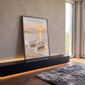 Quadro Decorativo Grande Barcos na Praia para Sala Bege | quadros decorativos para sala | dois barcos brancos na praia com pôr do sol dourado refletido no mar | em Quadros para Sala | Porao dos Quadros