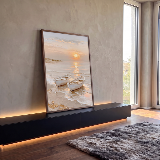 Quadro Decorativo Grande Barcos na Praia para Sala Bege | quadros decorativos para sala | dois barcos brancos na praia com pôr do sol dourado refletido no mar | em Quadros para Sala | Porao dos Quadros