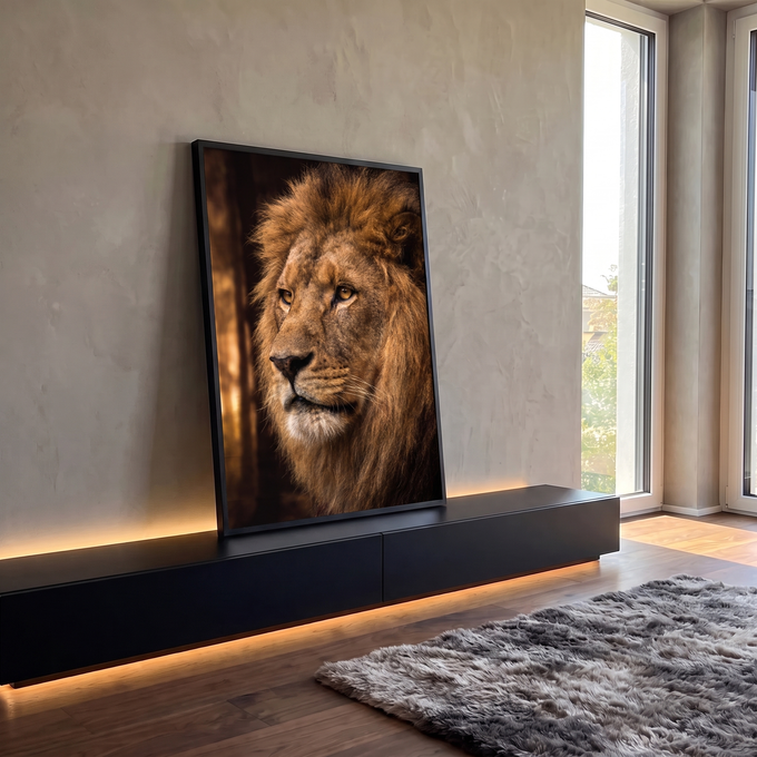 Close de leão com juba farta e olhos âmbar olhando de lado sobre fundo escuro, quadro decorativo