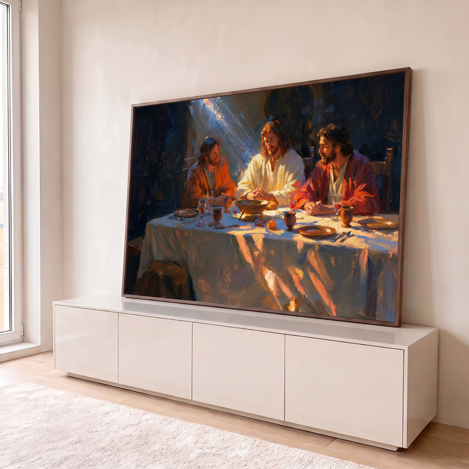 Jesus em oração à mesa com dois discípulos sob raio de luz, pintura a óleo da Santa Ceia, quadro decorativo