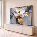 Quadro Decorativo Grande Magnólia Branca para Sala Branco | quadros decorativos para sala | magnólia branca com centro e folhas douradas sobre fundo de mármore cinza e preto | em Quadros para Sala | Porao dos Quadros