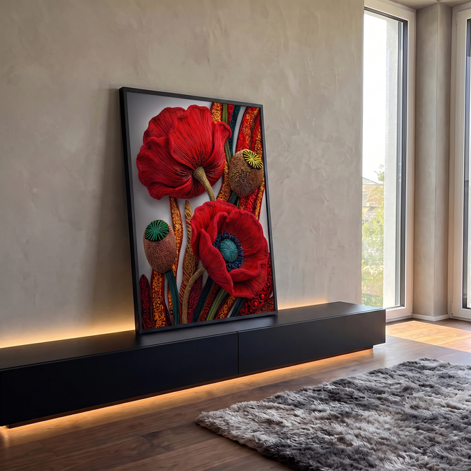 Duas papoulas vermelhas em relevo com cápsulas de sementes e caules ornamentais, quadro decorativo