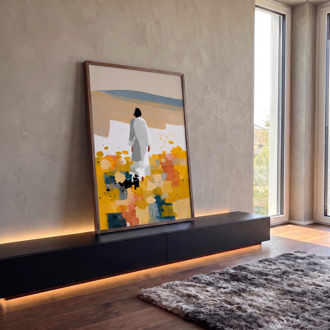 Quadro Decorativo Jesus no Campo Florido Dourado | quadros decorativos para sala | mulher de vestido branco de costas em campo de flores amarelas e colinas azuis | em Quadros para Sala | Porao dos Quadros