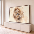 Quadro Decorativo Grande Família de Leões para Sala Bege | quadros decorativos para sala | família de leões em aquarela com dois filhotes em tons bege e marrom | em Quadros para Sala | Porao dos Quadros